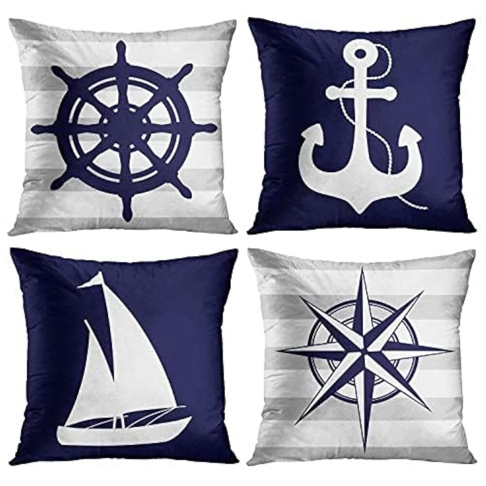 1698 Set of 4 Throw Pillow Covers Summer Nautical Costal Navy Blue White
